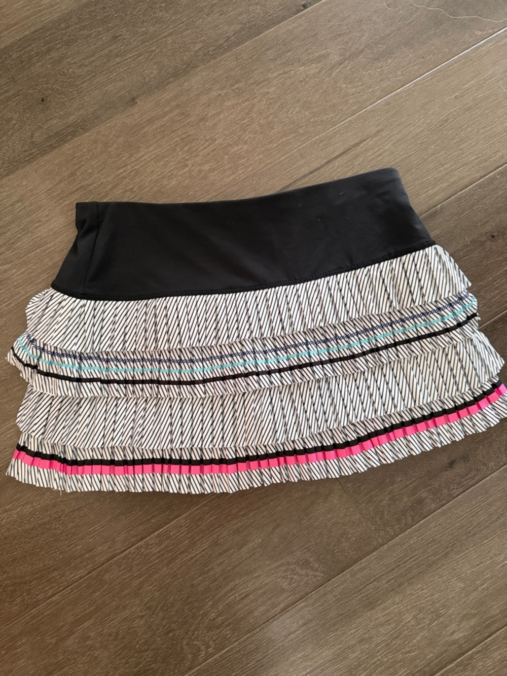 Lucky in Love Black Waistband White Stripe Mini Skirt with Pink and Teal Accents